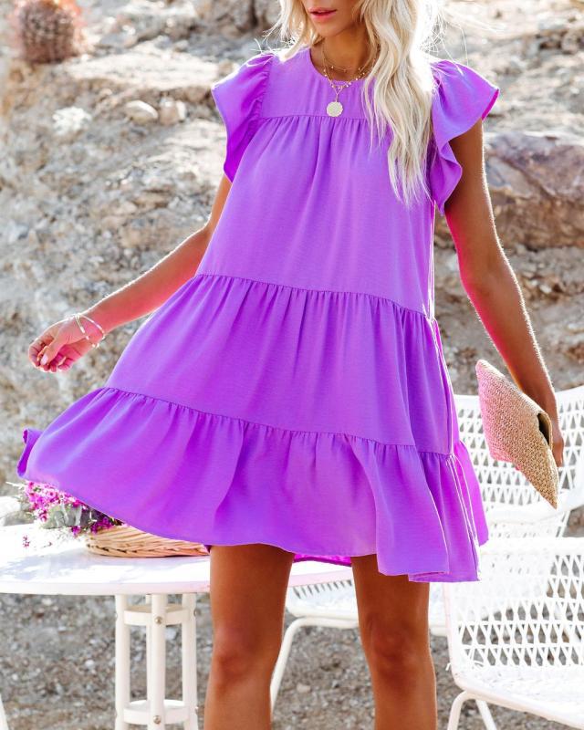 Solid Color Ruffle Sleeve Round Neck Loose Mini Dress