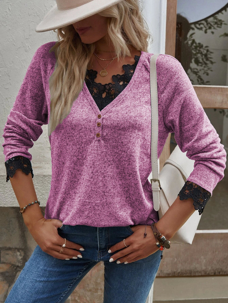 Button Up Long Sleeve V Lace Neck Pullor Top