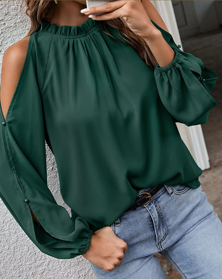 Loose Round Neck Solid Color Cold Shoulder Blouse Top
