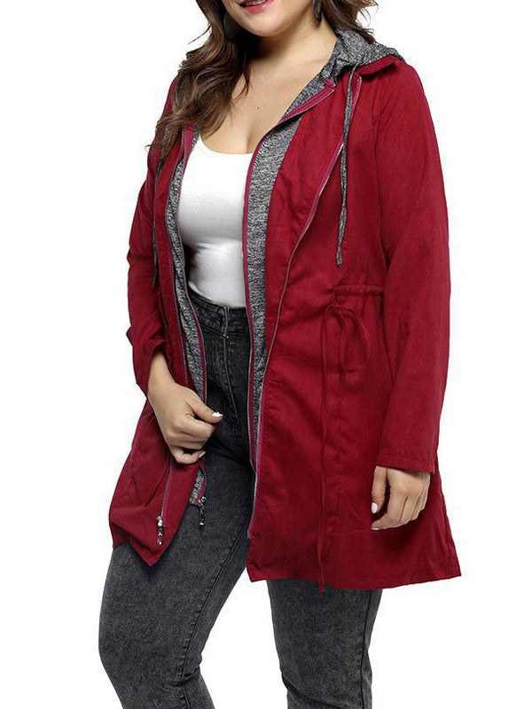 Fashion Drawstring Zipper Long Sleeve Solid Hooded Jacket