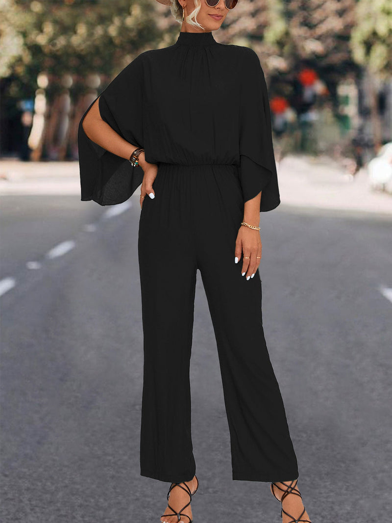 Fashion Batwing Sleeve Turtleneck Solid Jumpsuit