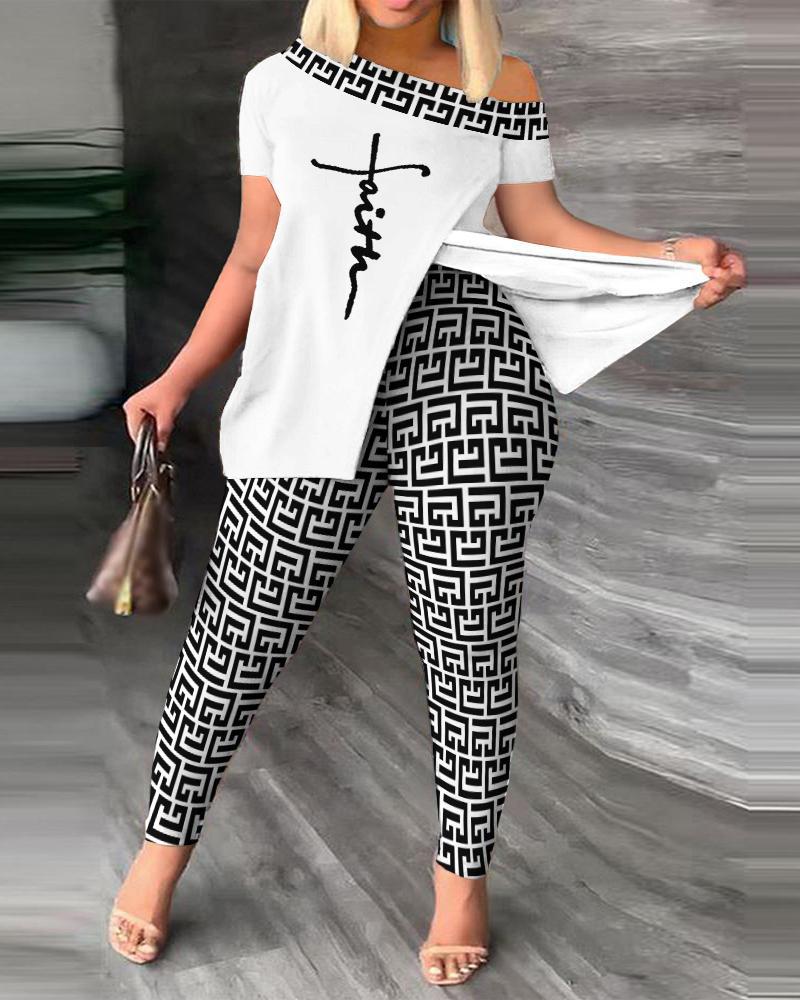 Two Piece Random Print Short Sleeve Side Slit Top and Bodycon Pants Set