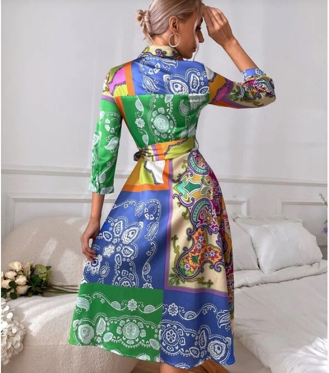 Long Sleeve Printed Belted Foulard Midi Dress