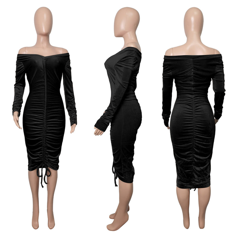 Deep V-Neck Drawstring Ruched Velvet Bodycon Midi Dress