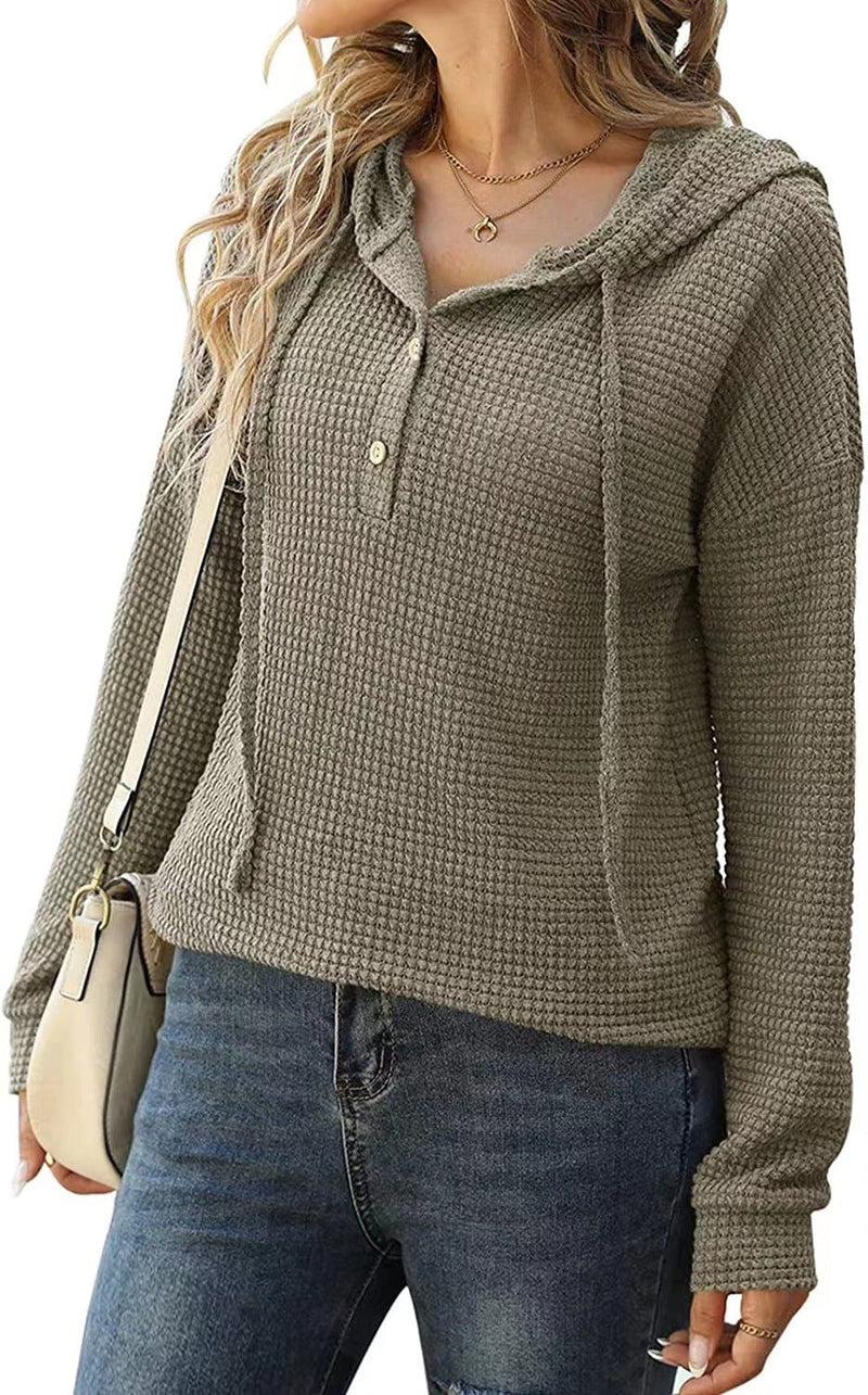 Drawstring Long Sleeve Button Up Hooded Sweatshirt