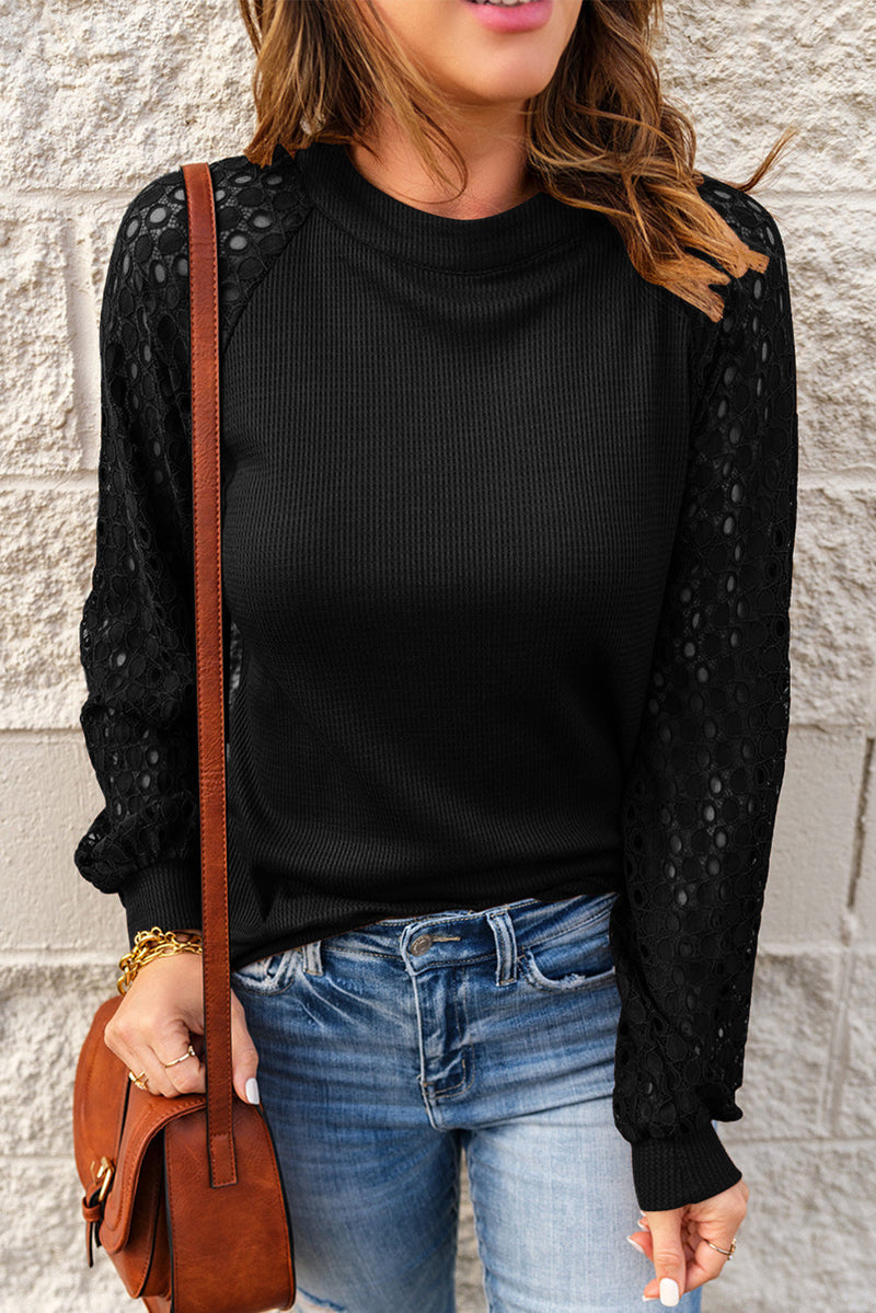 Casual Long Sleeve O-Neck Lace Blouse Top
