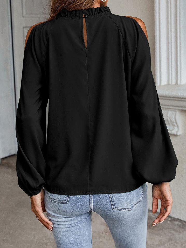 Loose Round Neck Solid Color Cold Shoulder Blouse Top