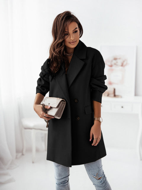Solid Color Lapel Collar Long Sleeve Jacket Outerwear