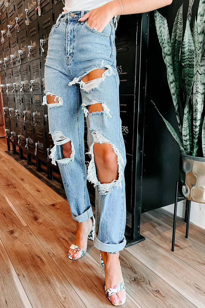 Zipper Closure Ripped Destroyed Jean Pants