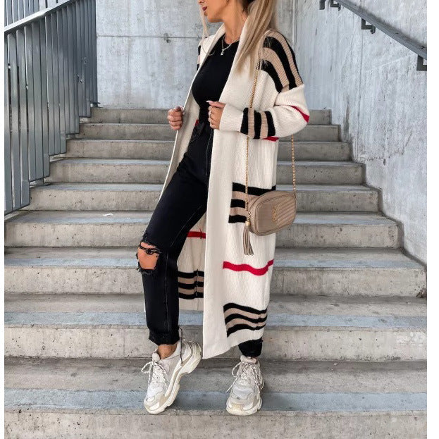 Long Sleeve Open Front Stripped Print Long Cardigan