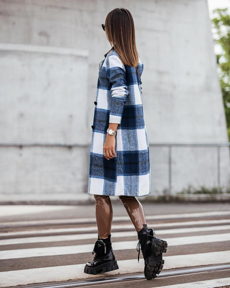 Casual Long Sleeve Plaid Long Woolen Cardigan Jacket