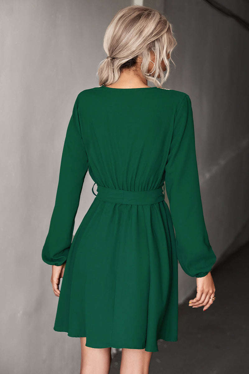 Elegant V-Neck Long Sleeve Belted Mini Dress