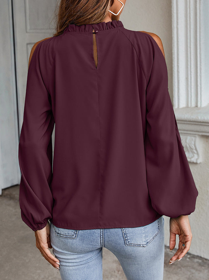 Loose Round Neck Solid Color Cold Shoulder Blouse Top