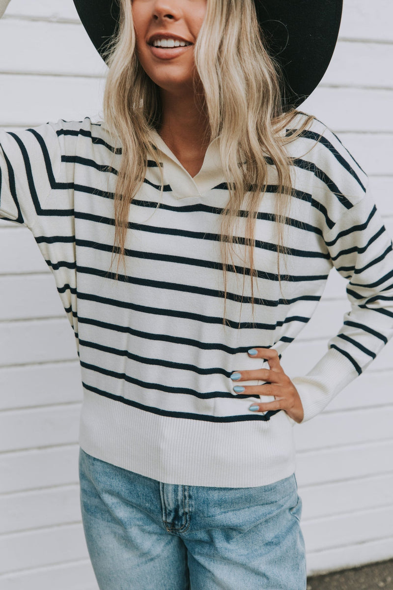 Prepped For Fall Striped Lapel Sweater