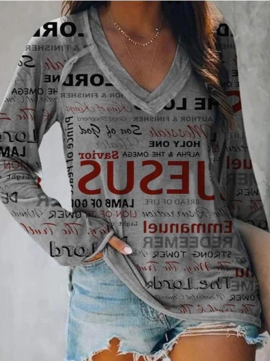 Women's T-Shirts Letter Print V-Neck Long Sleeve T-Shirt