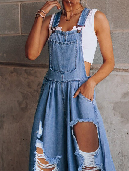 Women's Jumpsuits Loose Shredded Pocket Denim Jumpsuit