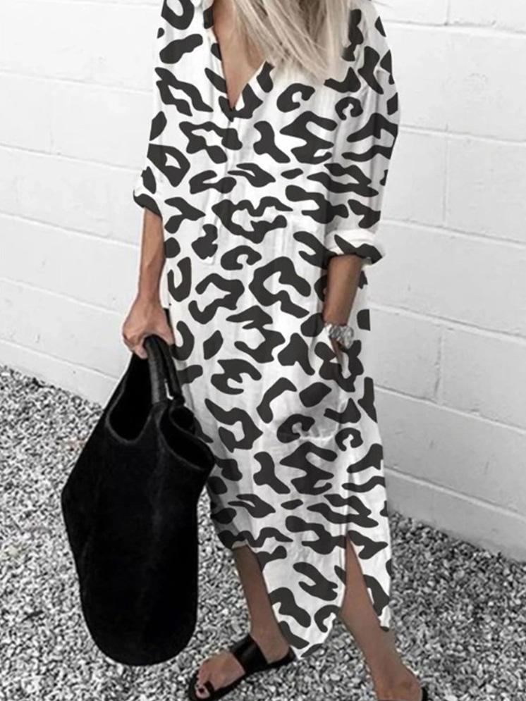 Women's Dresses Leopard Print V-Neck Split Long Sleeve Dress