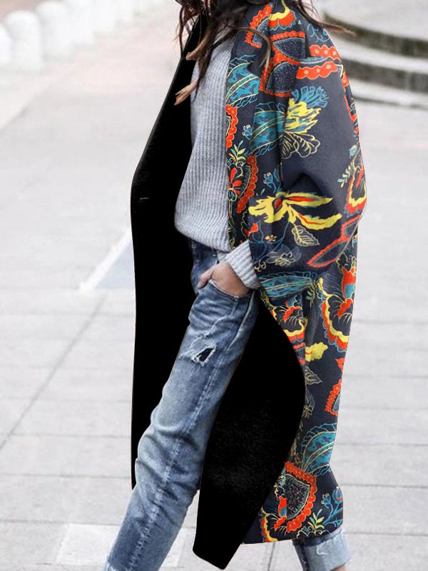 Women's Coats Casual Printed Lapel Wool Long Coat