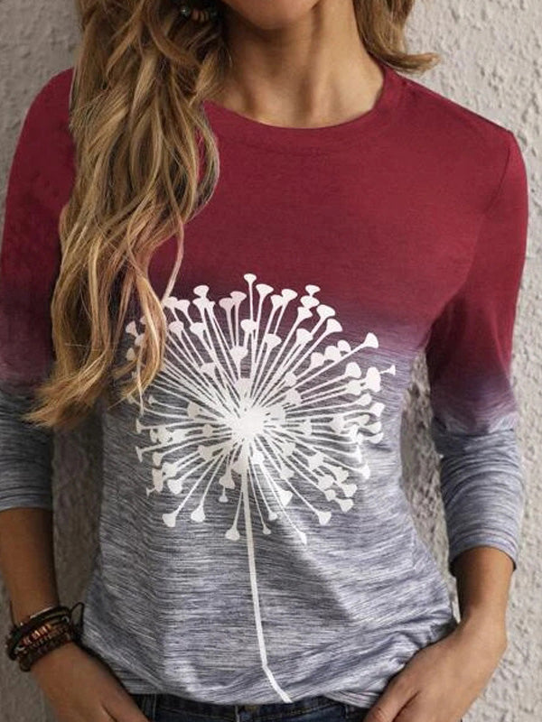 Women's T-Shirts Ombre Dandelion Print Long Sleeve T-Shirt