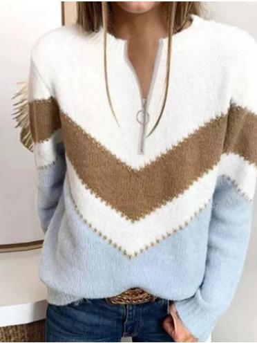 Women's Sweaters Zip V-Neck Multicolor Long Sleeve Sweater