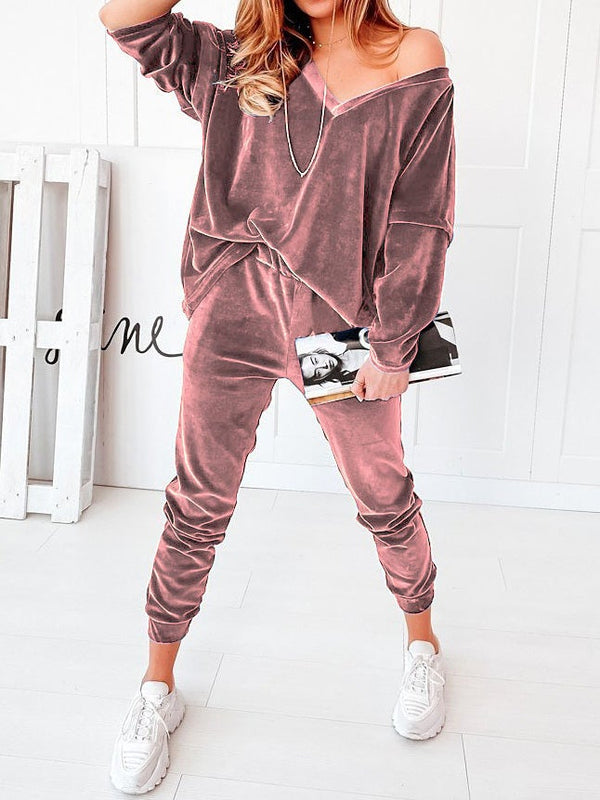 Women's Sets Solid Velvet V-Neck Long Sleeve Casual Two Piece Suit