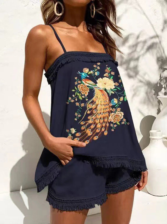 Women's Sets Printed Sling Top & Shorts Fringed Two-Piece Set