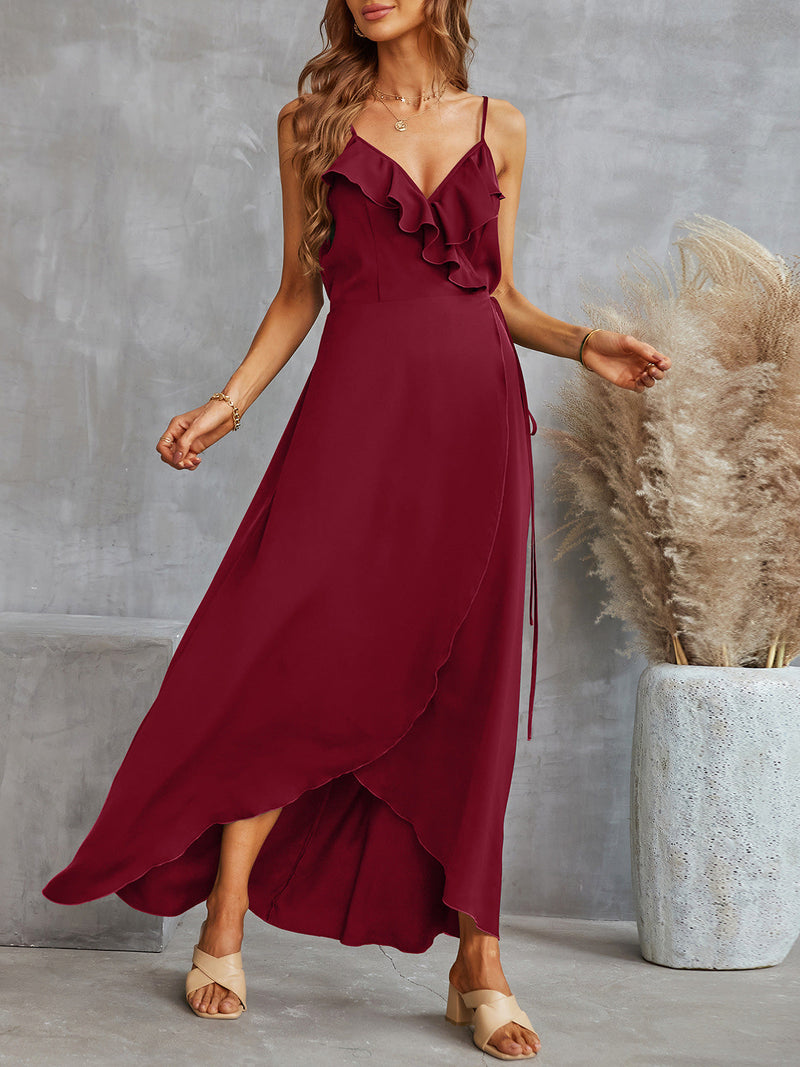 Women's Dresses Solid Sling Irregular Ruffle Slit Dress