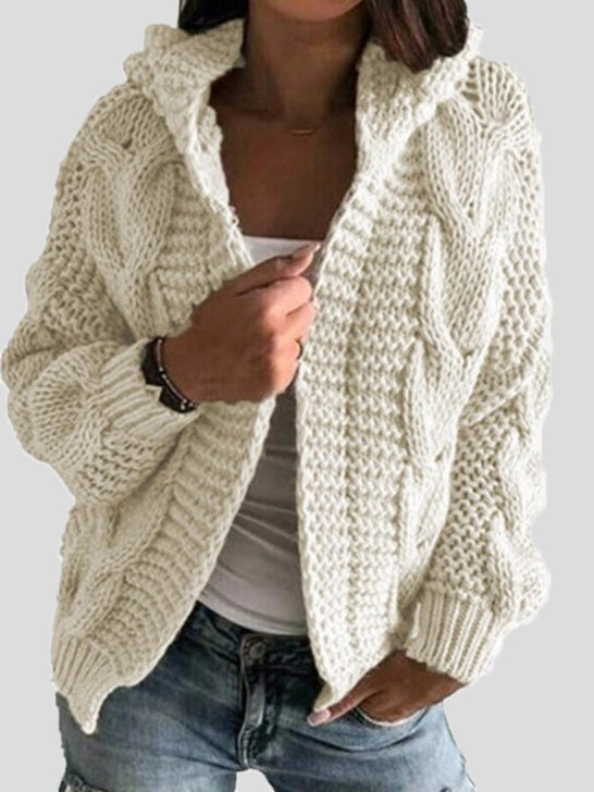 Women's Cardigans Solid Twist Knit Hooded Sweater Cardigan