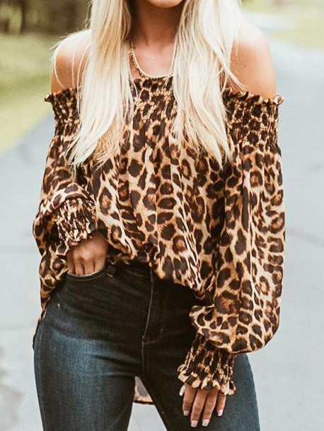 Women's Blouses Leopard One-Shoulder Flared Sleeve Blouse