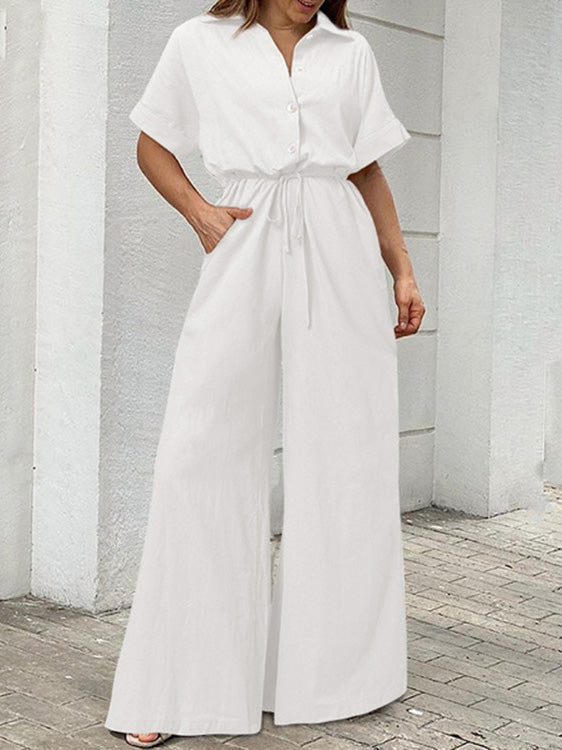 Women's Jumpsuits Lapel Button Short Sleeve Belted Wide Leg Jumpsuit