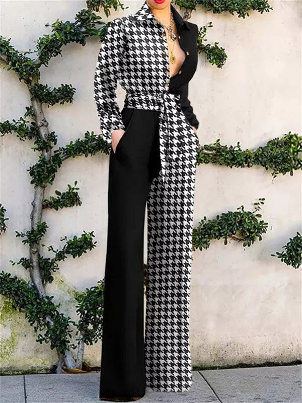 Women's Jumpsuits Lapel Print Tie Pocket Long Sleeve Jumpsuit