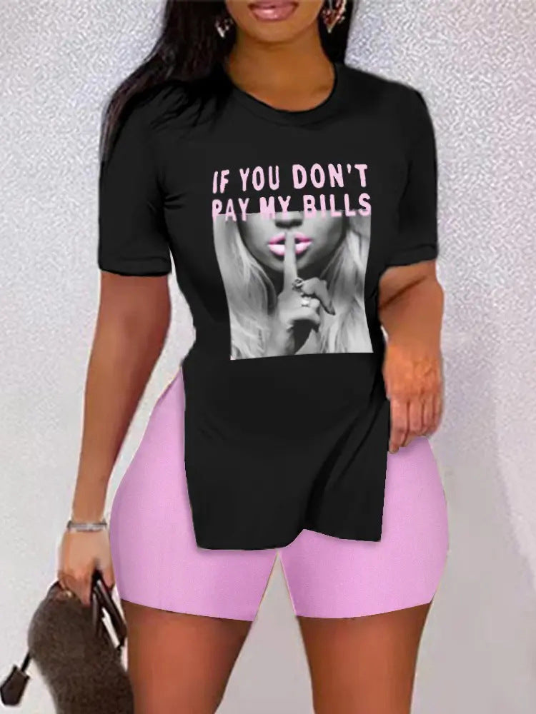 Women's Sets Printed Short Sleeve Split T-Shirt & Shorts Two Piece Set