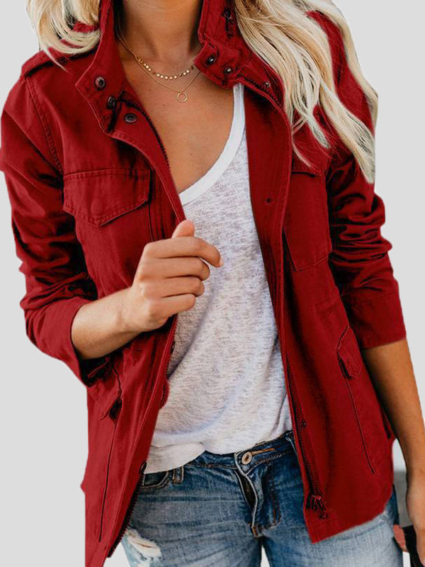 Women's Jackets Solid Zip Pocket Casual Jacket