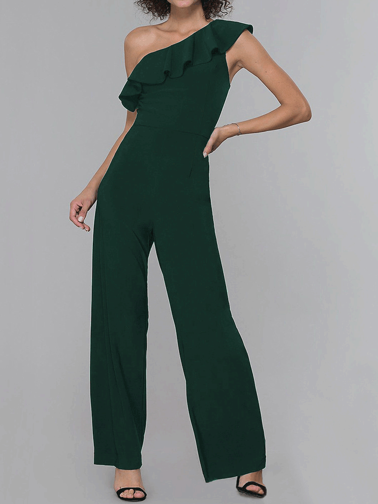 Women's  Jumpsuits Sloping Shoulder Solid Ruffle Jumpsuit