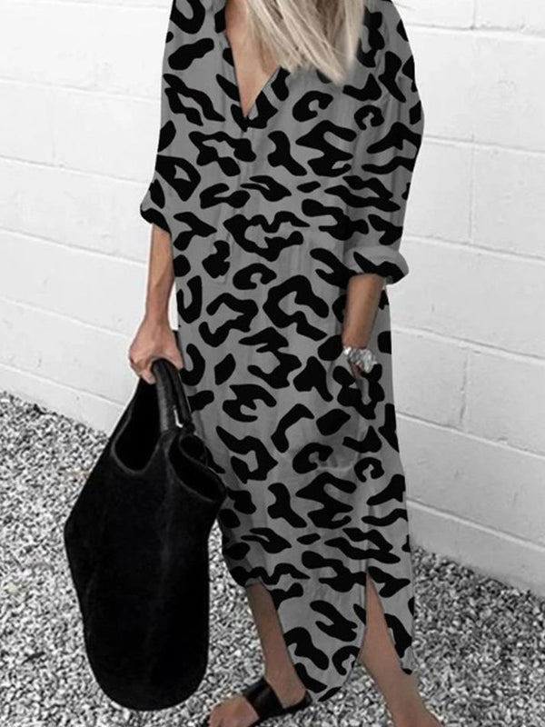 Women's Dresses Leopard Print V-Neck Split Long Sleeve Dress