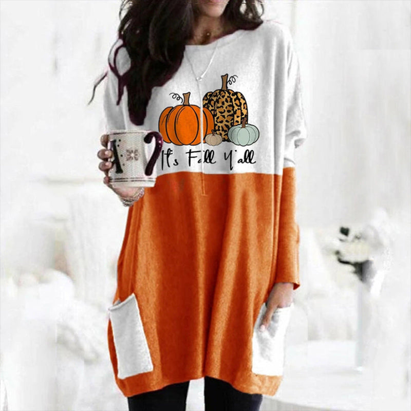 Women's T-Shirts Pumpkin Print Pocket Long Sleeve T-Shirt