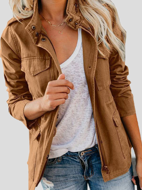 Women's Jackets Solid Zip Pocket Casual Jacket