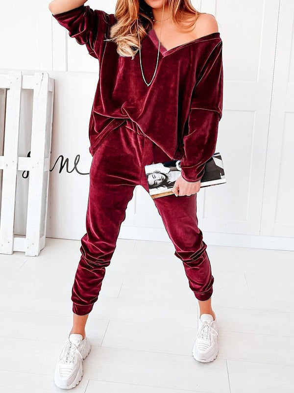 Women's Sets Solid Velvet V-Neck Long Sleeve Casual Two Piece Suit