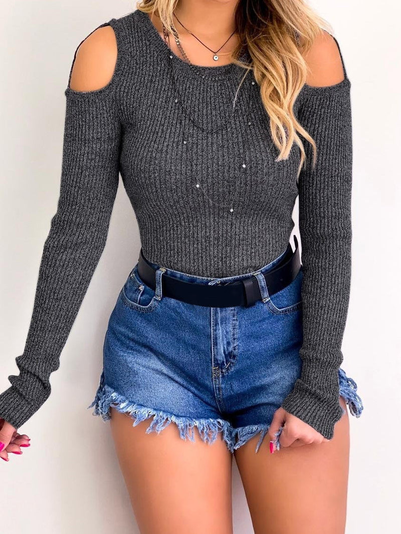 Women's Cardigans Crew Neck Strapless Long Sleeve Knit Sweaters