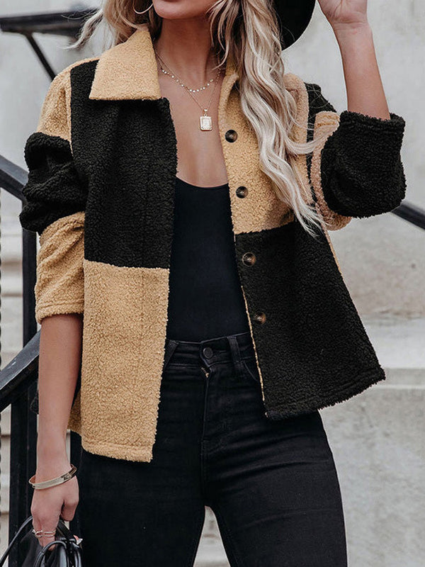 Women's Jackets Lapel Contrast Panel Long Sleeve Woolen Jacket