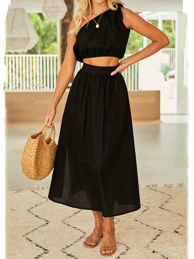 Women's Sets Slanted Shoulder Lace-Up Top & Slit Skirt Two Piece Set