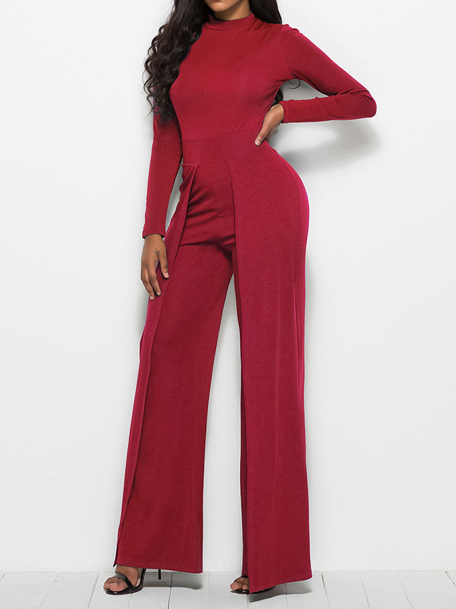 Women's Jumpsuits Solid Turtleneck Long Sleeve Wide Leg Jumpsuit