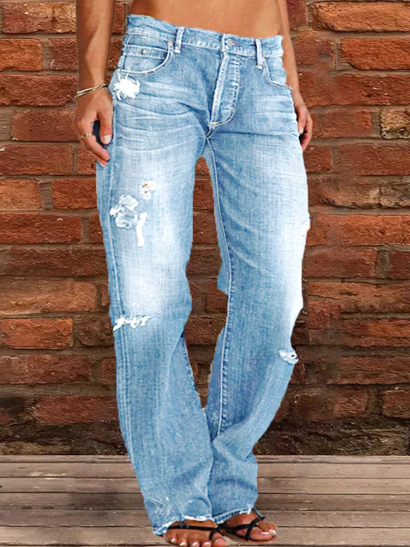 Women's Jeans Stretch Ripped Washed Casual Straight Jeans