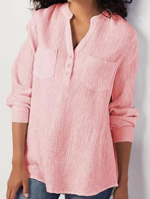 Women's Blouses V-Neck Pocket Long Sleeve Blouse