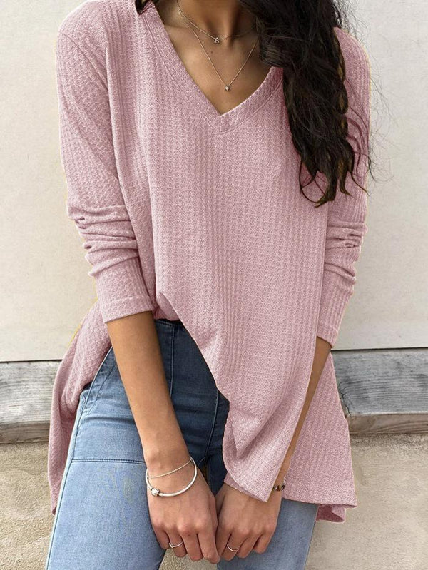 Women's T-Shirts Loose V-Neck Solid Long Sleeve T-Shirt