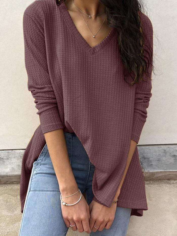 Women's T-Shirts Loose V-Neck Solid Long Sleeve T-Shirt