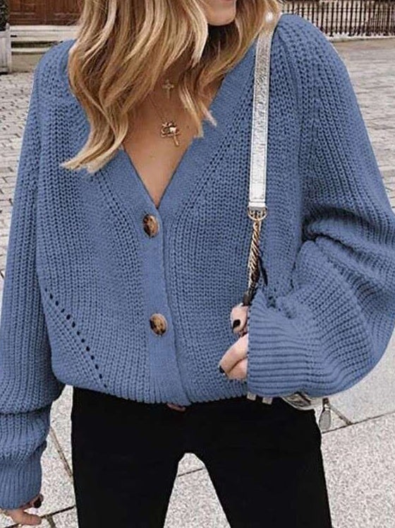 Women's Cardigans Solid V-Neck Buttoned Sweater Cardigan