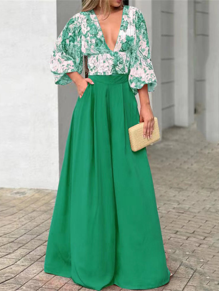 Women's Sets V-Neck Puff Sleeve Print Top & Wide Leg Pants Two-Piece Set