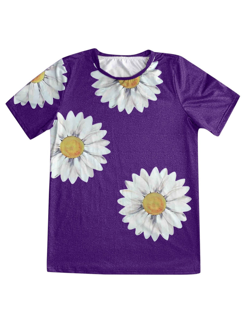 Daisy Print Round Neck Short Sleeve T-Shirt