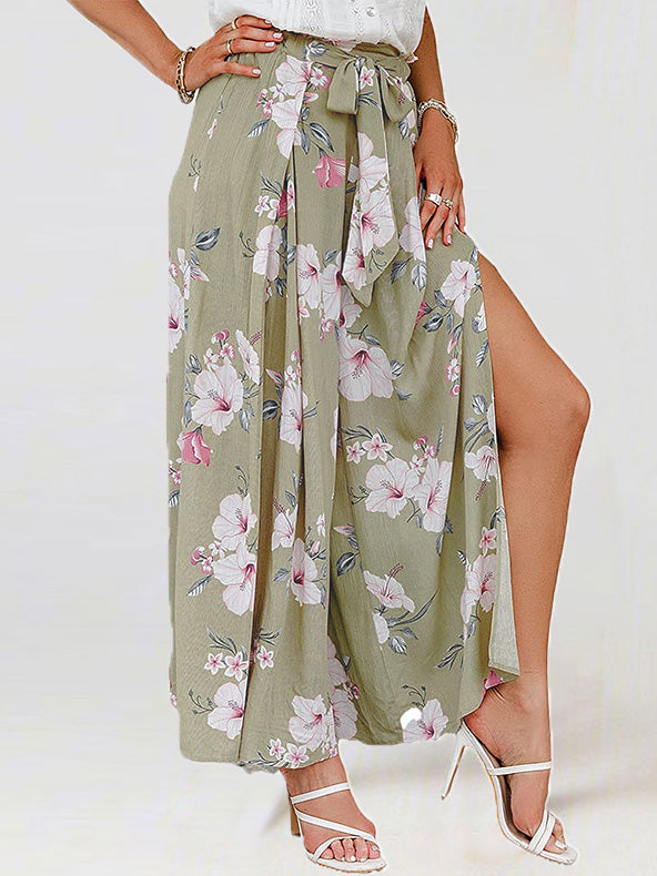 Women's Pants Printed Lace-Up Slit Wide-Leg Pants